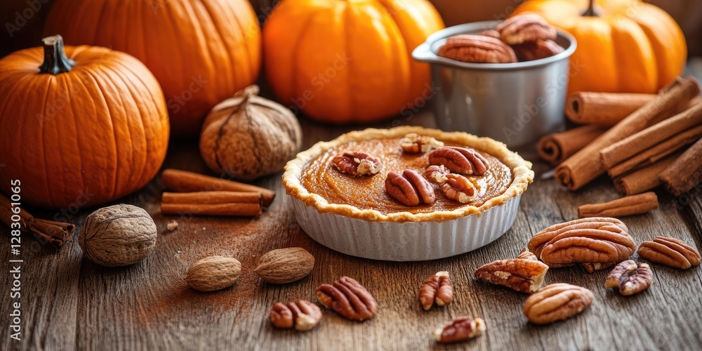 Warm autumn setting featuring a freshly baked pumpkin pie with pecans surrounded by vibrant orange pumpkins, cinnamon sticks, and assorted nuts on a rustic wooden table. Warm autumn setting featuring a freshly baked pumpkin pie with pecans surrounded by vibrant orange pumpkins, cinnamon sticks, and assorted nuts on a rustic wooden table.