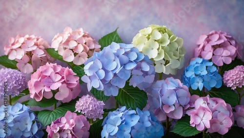 Colorful arrangement of hydrangea flowers in various shades including pink, blue, and green with soft pastel background