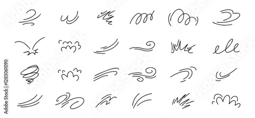 Doodle line wind moving set. Breath of the typhoon. Flat wind moves Vector isolated illustration