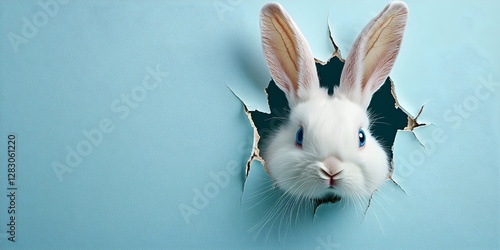 Wallpaper Mural Bunny peeking out of a hole in blue wall, fluffy eared bunny easter bunny banner, rabbit jump out torn hole. Superlative generative AI image Torontodigital.ca