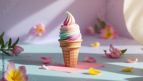 Colorful Tea Flavored Ice Cream Cone Surrounded by Blossoms in a Soft Pastel Setting photo