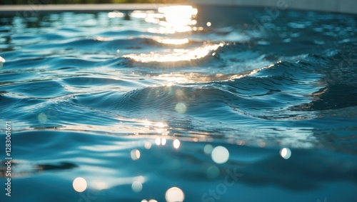 Close-up view of sunlight reflecting on calm water surface with gentle ripples and bokeh effect in a swimming pool environment
