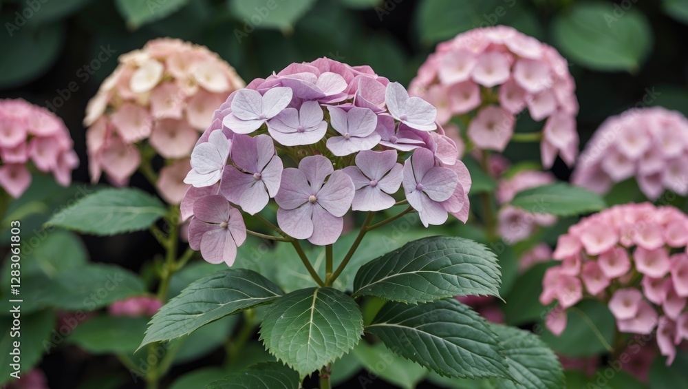 Hydrangea flowers in varying shades of pink and purple with lush green leaves in a garden setting Hydrangea flowers in varying shades of pink and purple with lush green leaves in a garden setting