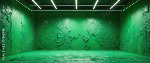 Modern minimalistic green interior with textured walls and bright overhead lighting in an empty space.