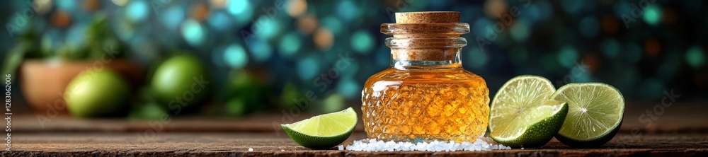 Glass bottle with lime slices and sea salt on a wooden table. Generative AI Glass bottle with lime slices and sea salt on a wooden table. Generative AI