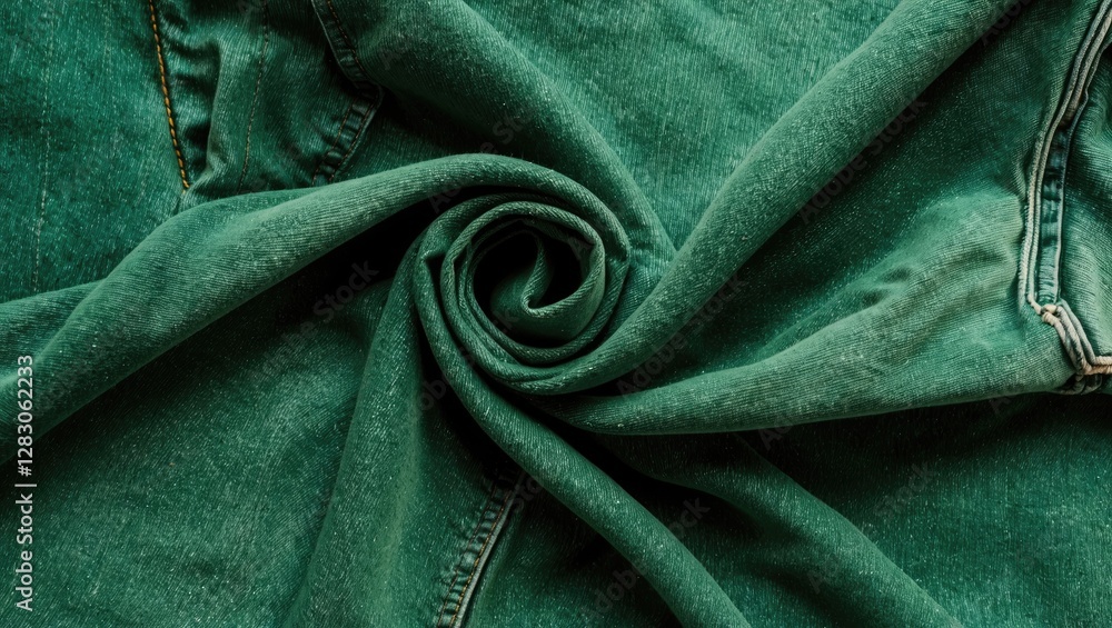 Fototapeta premium Textured green denim fabric background with a swirling pattern showcasing the unique fabric detail and tonal variations of the material.