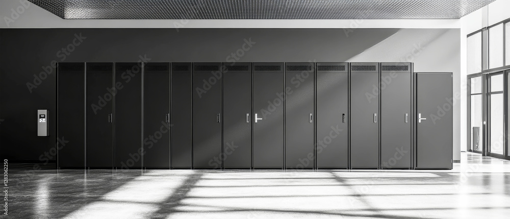 Obraz premium Modern data center with sleek cabinets and servers showcasing advanced IT technology in a spacious interior