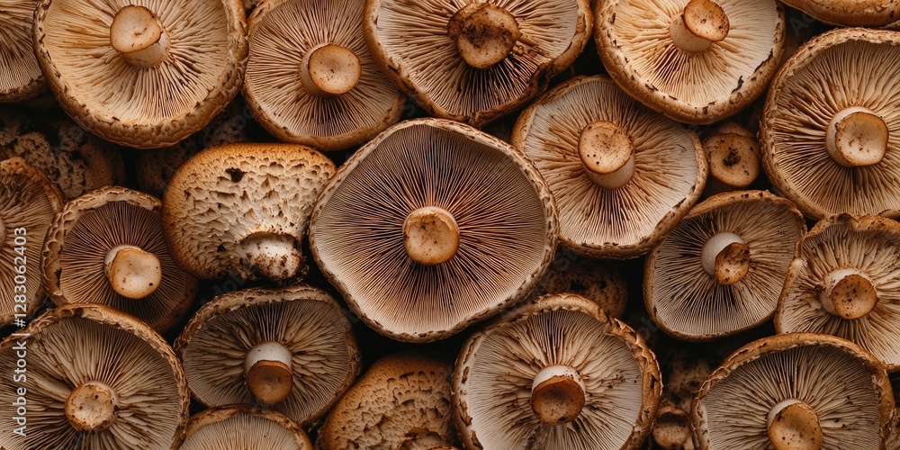 Close-up of assorted mushroom caps displaying earthy brown tones and intricate textures stacked densely in a natural arrangement for design use Close-up of assorted mushroom caps displaying earthy brown tones and intricate textures stacked densely in a natural arrangement for design use