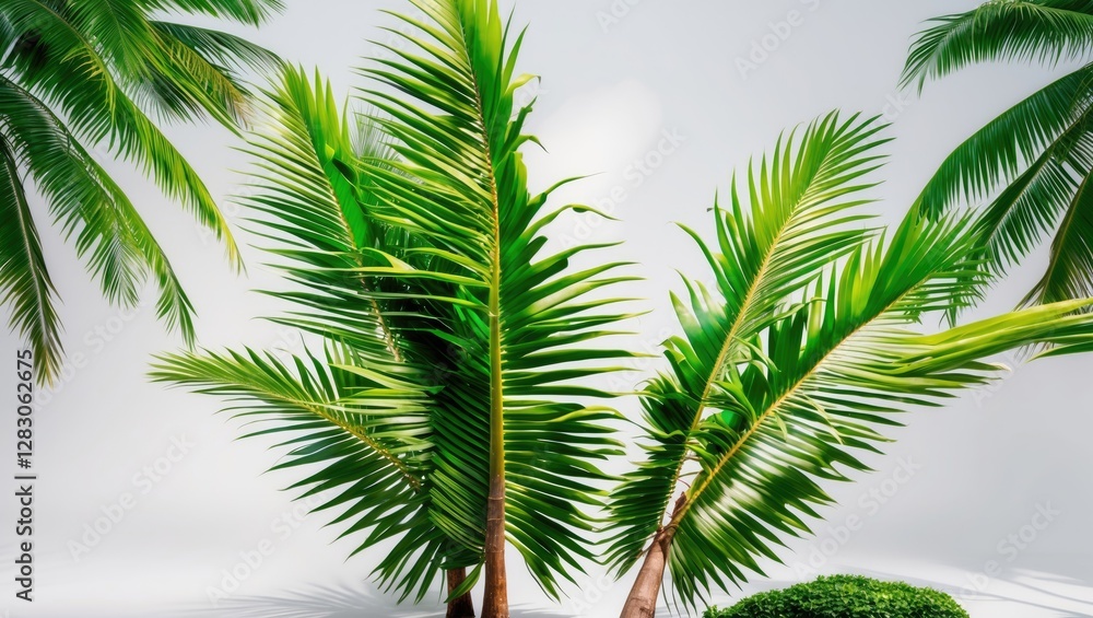 Fototapeta premium Lush green coconut fronds gracefully arranged against a clean white background showcasing tropical beauty and natural elegance