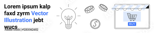 Lightbulb represents ideas, coins symbolize finance, shopping cart indicates e-commerce. Ideal for innovation, online shopping, entrepreneurship, payments, digital marketing, startups flat landing