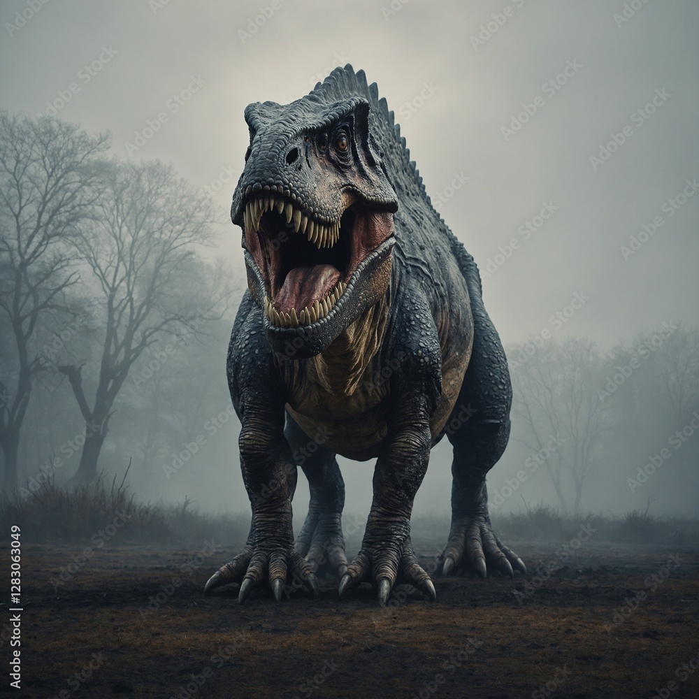 Fototapeta premium A giant dinosaur standing alone in an empty, misty background.