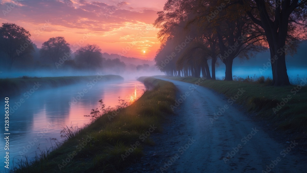 Fototapeta premium Serene Sunrise Reflected in Misty River Along Scenic Pathway Surrounded by Trees and Soft Fog with Space for Text Overlay