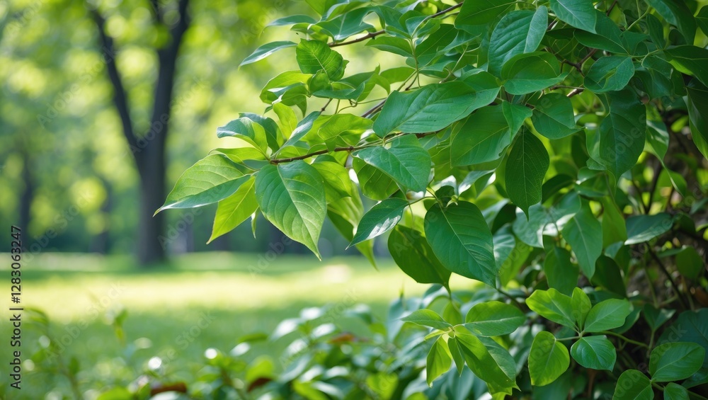 Vibrant green leaves in a natural park setting with soft sunlight filtering through trees creating a serene outdoor atmosphere. Vibrant green leaves in a natural park setting with soft sunlight filtering through trees creating a serene outdoor atmosphere.