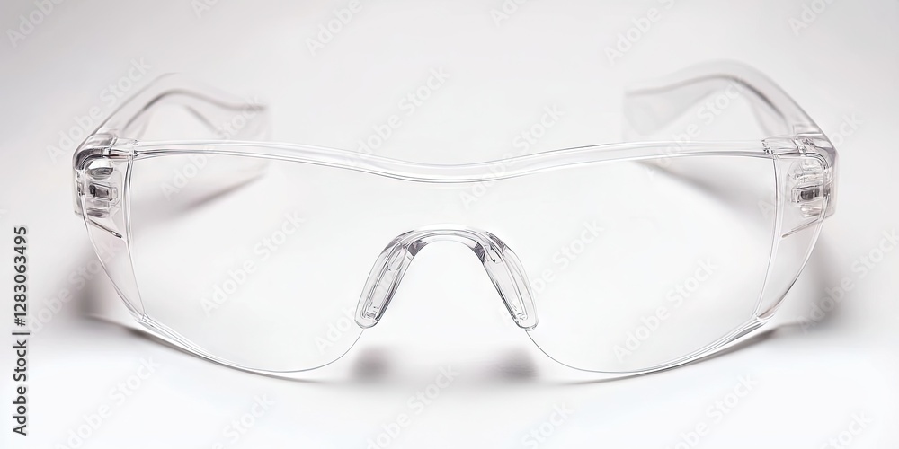 Clear safety goggles with a sleek design positioned centrally on a white background, showcasing transparent lenses and a lightweight frame. Clear safety goggles with a sleek design positioned centrally on a white background, showcasing transparent lenses and a lightweight frame.