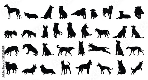 dog and puppy silhouette set. dog and puppy different breed. greyhound, pug, shepherd, French bulldog and others isolated farm animal silhouette icon vector collection