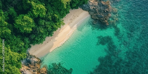 Aerial view of a tranquil beach with golden sand bordered by lush green trees and serene turquoise waters inviting relaxation and getaway vibes
