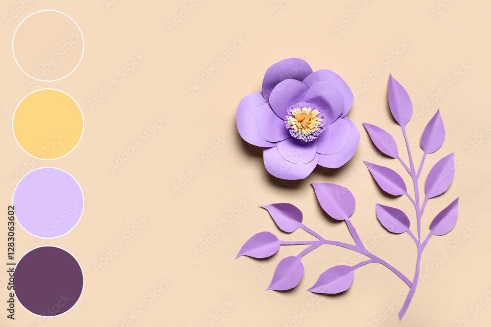 Naklejka premium Paper flower and leaves on beige background. Different color patterns