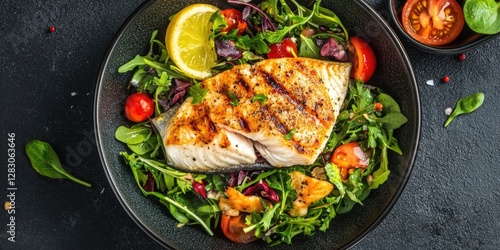 Wallpaper Mural Grilled fish fillet on a vibrant green salad with cherry tomatoes and lemon slice in a black bowl against a dark textured background Torontodigital.ca