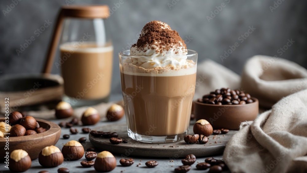Hazelnut coffee drink with whipped cream and chocolate topping surrounded by coffee beans and hazelnuts on a rustic background Hazelnut coffee drink with whipped cream and chocolate topping surrounded by coffee beans and hazelnuts on a rustic background