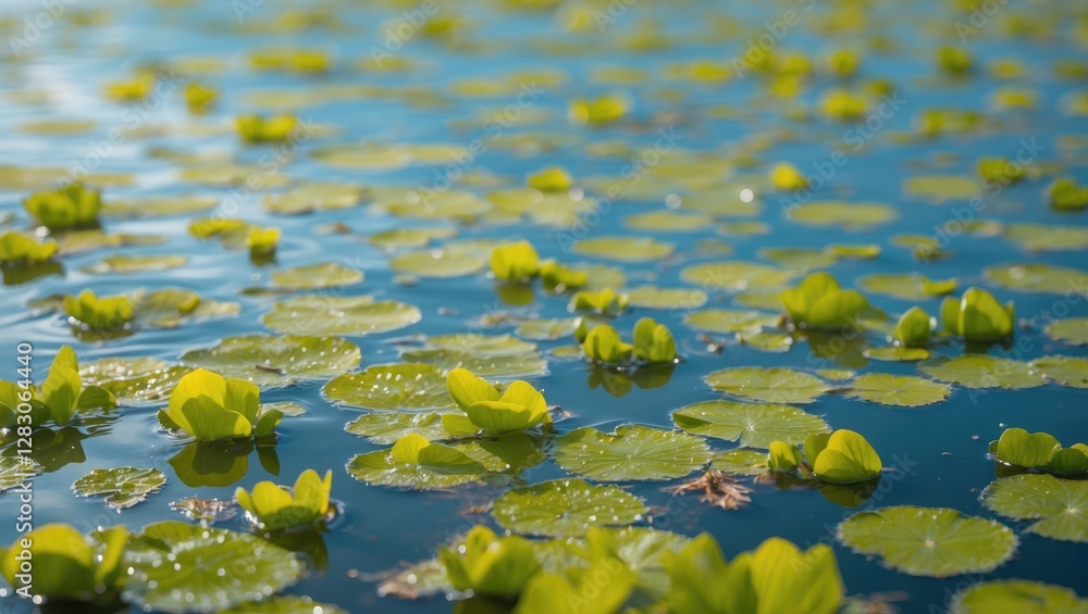 Duckweed and lily pads creating a tranquil green aquatic landscape on a calm water surface for nature-themed backgrounds Duckweed and lily pads creating a tranquil green aquatic landscape on a calm water surface for nature-themed backgrounds