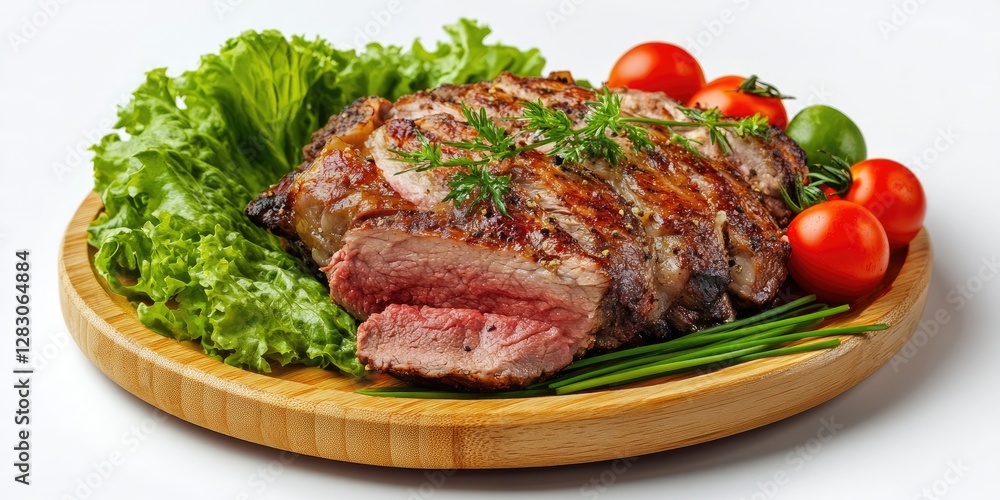 Succulent roast shoulder of meat sliced on a round wooden plate, garnished with vibrant green lettuce, fresh tomatoes, and chives, white background. Succulent roast shoulder of meat sliced on a round wooden plate, garnished with vibrant green lettuce, fresh tomatoes, and chives, white background.
