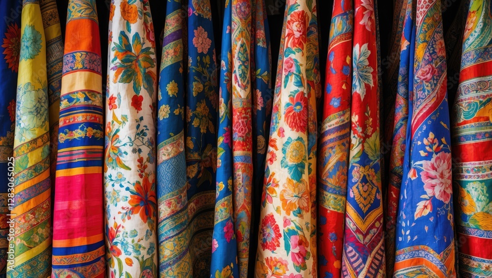 Vibrant hand-woven Thai fabrics featuring intricate patterns and colors displayed in a cascade of textiles showcasing craftsmanship and tradition. Vibrant hand-woven Thai fabrics featuring intricate patterns and colors displayed in a cascade of textiles showcasing craftsmanship and tradition.