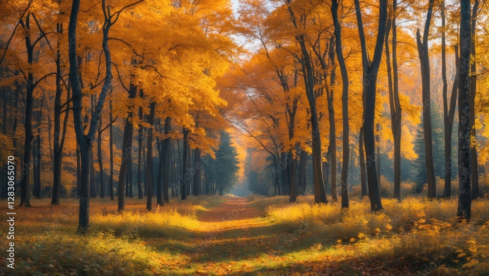 Fototapeta premium Golden autumn landscape with vibrant orange foliage in a tranquil Eastern European forest path surrounded by lush trees and sunlight.