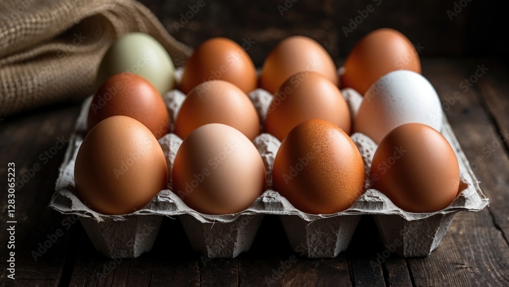 Carton of assorted eggs including brown, white, and green eggs arranged on a wooden surface with a natural background Carton of assorted eggs including brown, white, and green eggs arranged on a wooden surface with a natural background