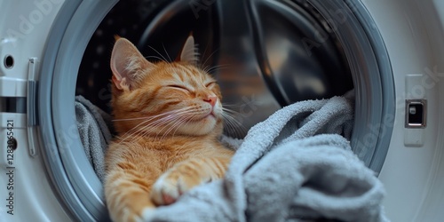 Playful orange cat lounging inside modern washing machine with fluffy gray blanket and warm lighting creating a cozy and humorous laundry scene.