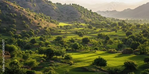 Wallpaper Mural Lush green landscape with rolling hills and vibrant trees under soft evening light showcasing tranquil beauty and natural charm in bright greens Torontodigital.ca