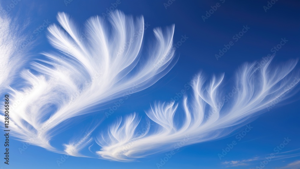 Cloud formations with wispy feather-like structures against a clear blue sky in a natural atmospheric landscape. Cloud formations with wispy feather-like structures against a clear blue sky in a natural atmospheric landscape.