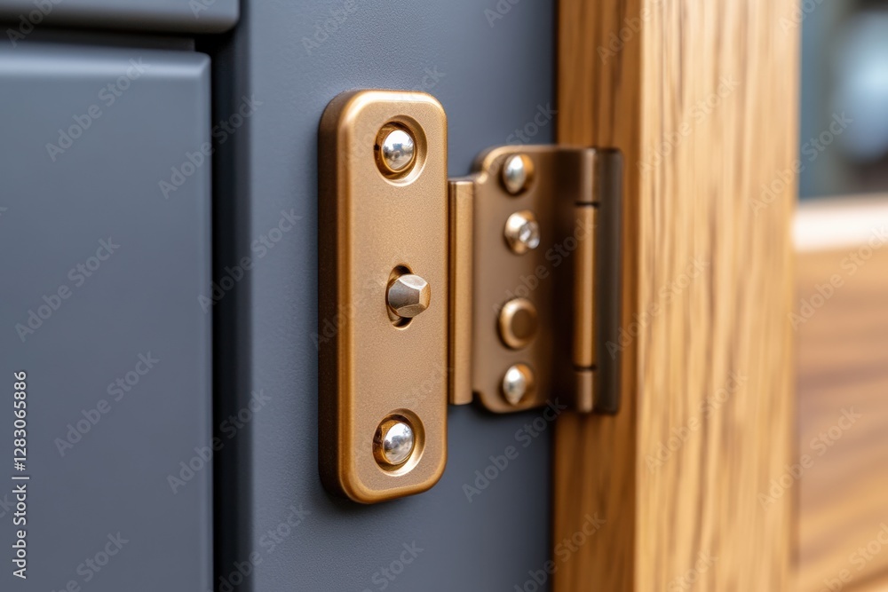 Obraz premium Modern cabinet door hinge close-up showcasing intricate design and craftsmanship, highlighting functionality and aesthetics in home decor, hardware concept
