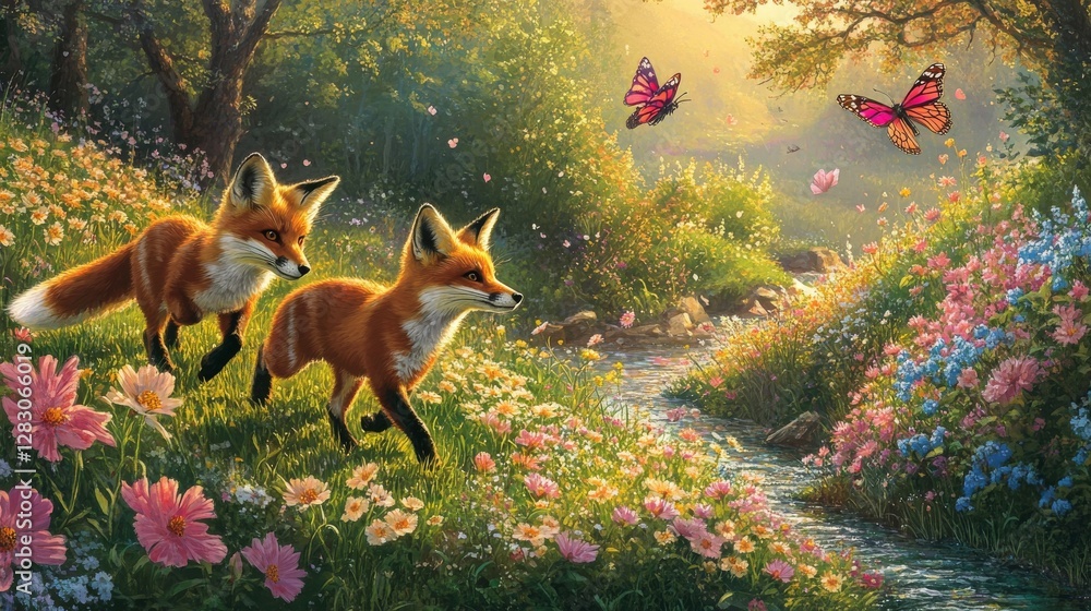 Fototapeta premium A pair of red foxes trot playfully through a lush spring meadow dotted with dewdrop-covered wildflowers in every shade of pink, yellow, and blue. 