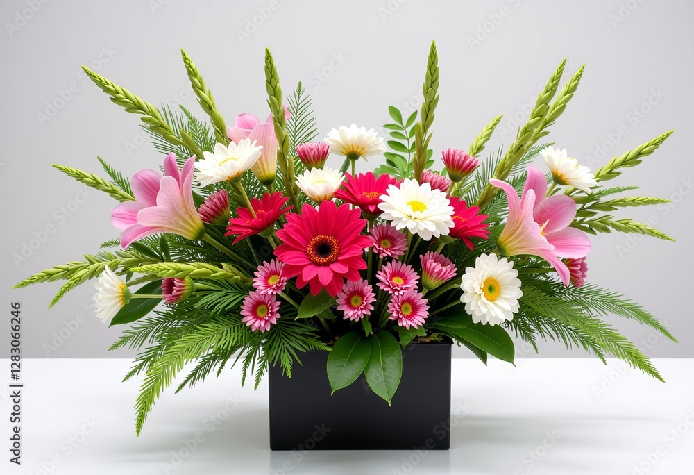 Fototapeta premium Discover serene beauty with modern Ikebana: Fluid lines & harmonious design elevate any space with this contemporary floral arrangement. Perfect for minimalist decor and mindful living.