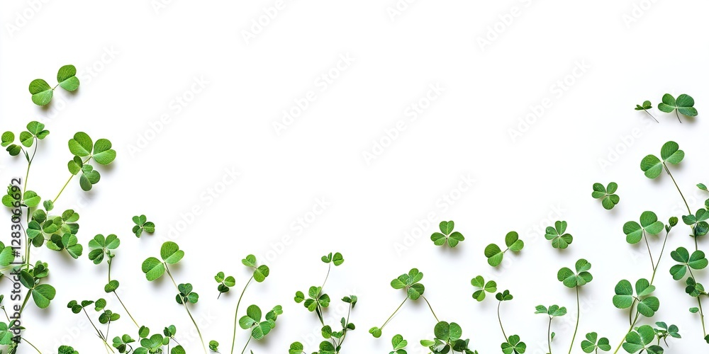Lush green clover branches artfully arranged at the bottom of a pristine white background providing ample copy space for design flexibility. Lush green clover branches artfully arranged at the bottom of a pristine white background providing ample copy space for design flexibility.