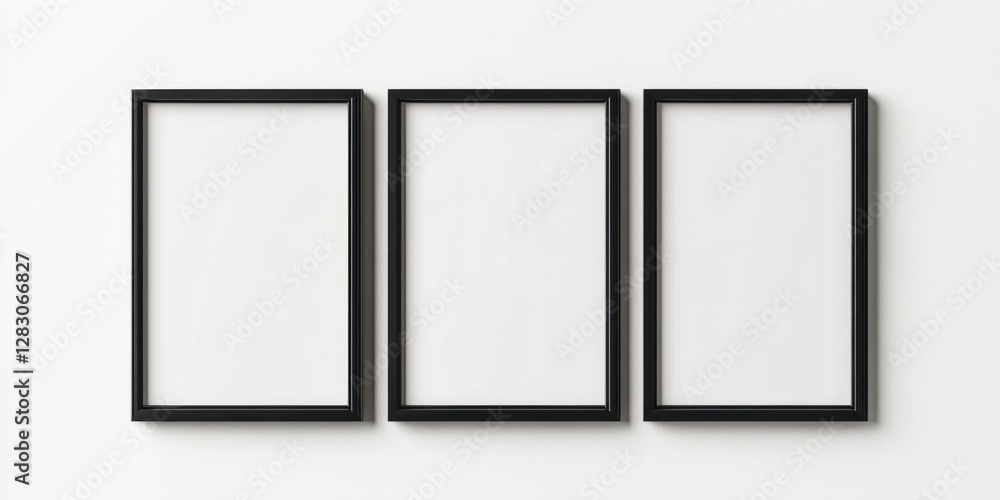 Minimalist black photo frames arranged horizontally on a clean white background, showcasing three distinct empty rectangular spaces for art. Minimalist black photo frames arranged horizontally on a clean white background, showcasing three distinct empty rectangular spaces for art.