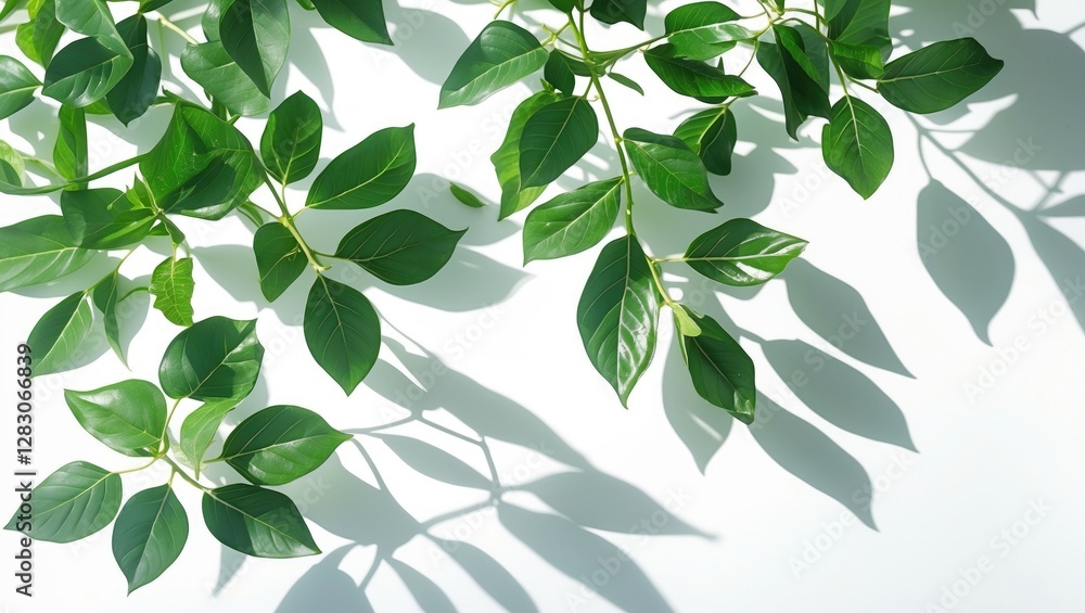 Lush green leaves casting soft shadows on a bright white background creating a fresh and vibrant natural aesthetic. Lush green leaves casting soft shadows on a bright white background creating a fresh and vibrant natural aesthetic.