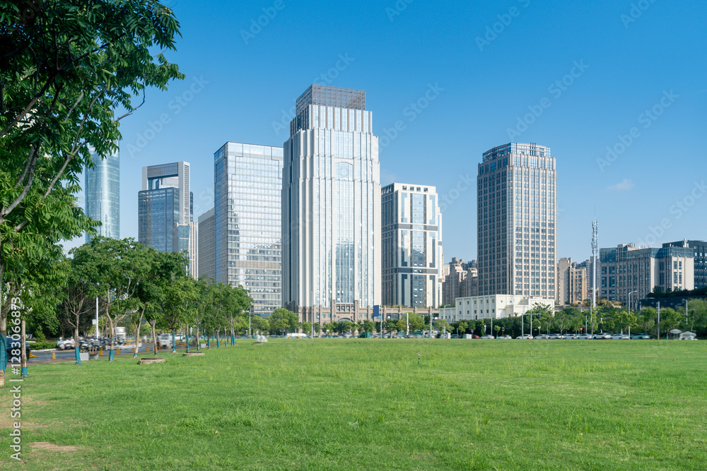 city park with modern building background in shanghai city park with modern building background in shanghai