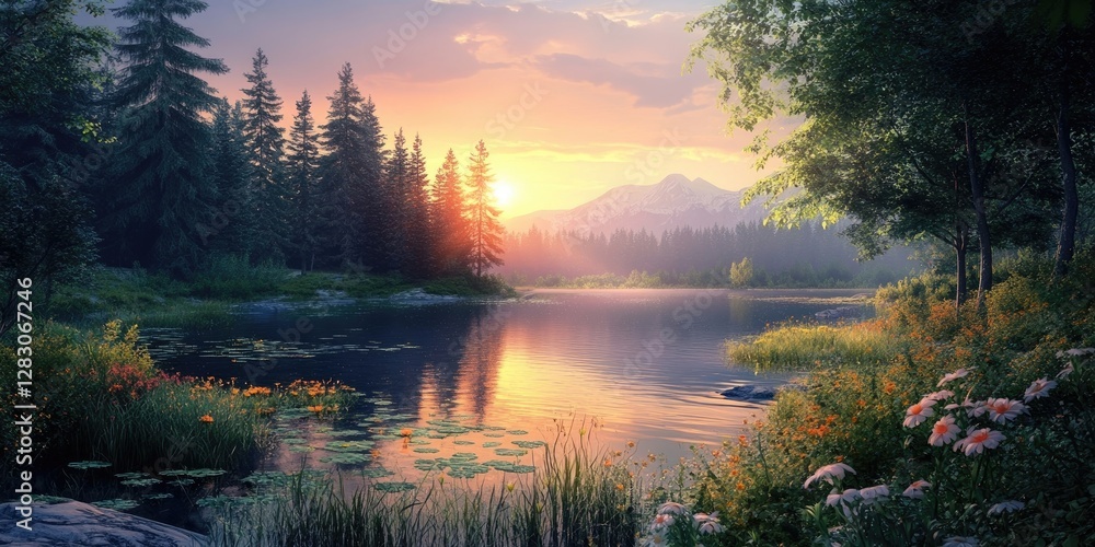 Fototapeta premium Tranquil sunrise over a serene lake surrounded by lush green trees and vibrant wildflowers reflecting soft orange and pink hues in the water