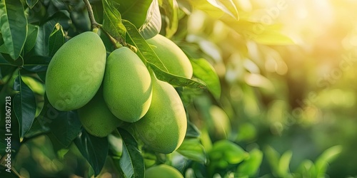 Vibrant green mangoes cluster on a lush tree with sunlit leaves in a serene outdoor setting, capturing the essence of fresh tropical fruit. photo