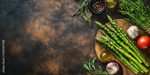 Fresh asparagus and vegetables on a rustic wooden board with herbs and spices scattered on a dark textured background to create a culinary scene.