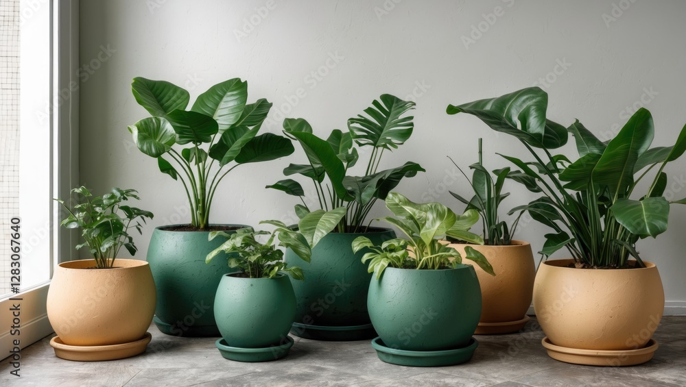 Indoor collection of green potted plants in modern ceramic pots with a minimalist design enhancing natural decor aesthetics and tranquility. Indoor collection of green potted plants in modern ceramic pots with a minimalist design enhancing natural decor aesthetics and tranquility.