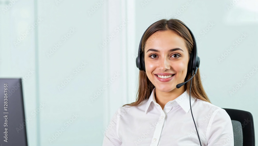 Smiling Customer Service Representative with Headset in a Call Center Providing Excellent Support Smiling Customer Service Representative with Headset in a Call Center Providing Excellent Support