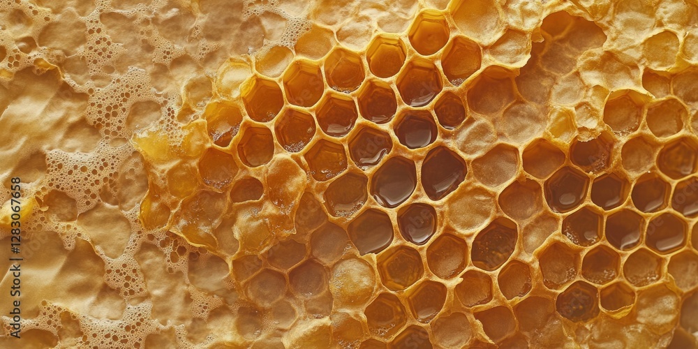 Golden honeycomb structure with rich amber honey filling the cells surrounded by frothy bubbles creating a natural, organic feel. Golden honeycomb structure with rich amber honey filling the cells surrounded by frothy bubbles creating a natural, organic feel.