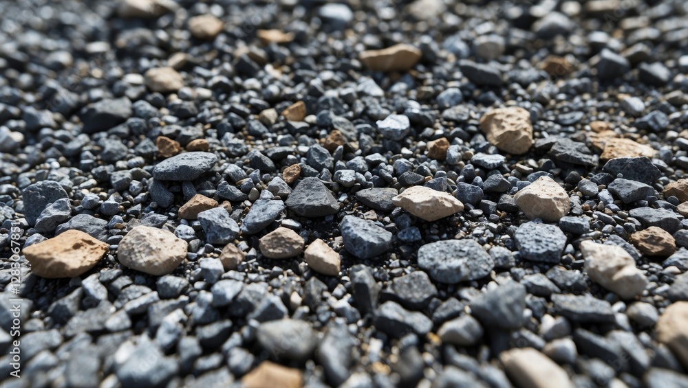 Close up view of mixed gravel flooring texture featuring various stone sizes and colors in natural outdoor lighting Close up view of mixed gravel flooring texture featuring various stone sizes and colors in natural outdoor lighting