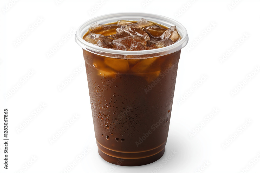 Refreshing Iced Coffee in Transparent Plastic Cup with White Straw – Light Brown, Frothy Beverage with Ice Cubes – Minimalist & Inviting Coffee Drink on a Clean White Background Refreshing Iced Coffee in Transparent Plastic Cup with White Straw – Light Brown, Frothy Beverage with Ice Cubes – Minimalist & Inviting Coffee Drink on a Clean White Background
