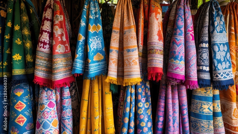Vibrant collection of hand-woven Thai fabrics featuring intricate patterns and rich colors displayed in a traditional market setting. Vibrant collection of hand-woven Thai fabrics featuring intricate patterns and rich colors displayed in a traditional market setting.