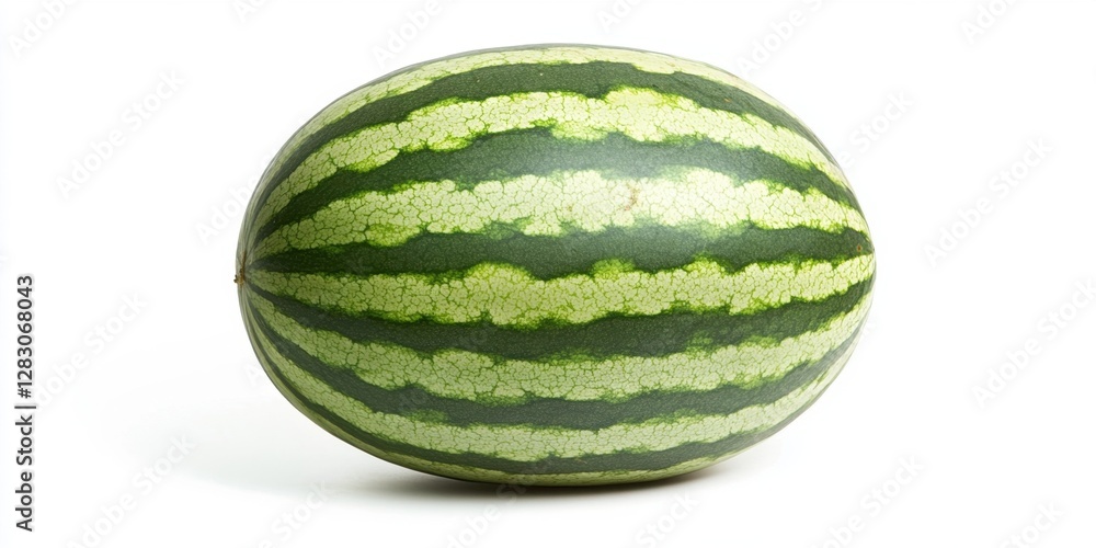 Ripe striped watermelon with vibrant green and light green stripes isolated on white background showcasing freshness and summer appeal Ripe striped watermelon with vibrant green and light green stripes isolated on white background showcasing freshness and summer appeal