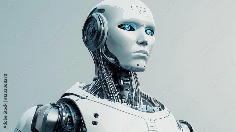 Robot and technology concept, Futuristic humanoid robot with blue eyes Robot and technology concept, Futuristic humanoid robot with blue eyes