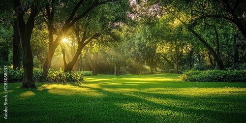 Fototapeta Naklejka Na Ścianę i Meble -  Serene park scene bathed in morning light with lush green grass and trees casting soft shadows creating a tranquil natural backdrop